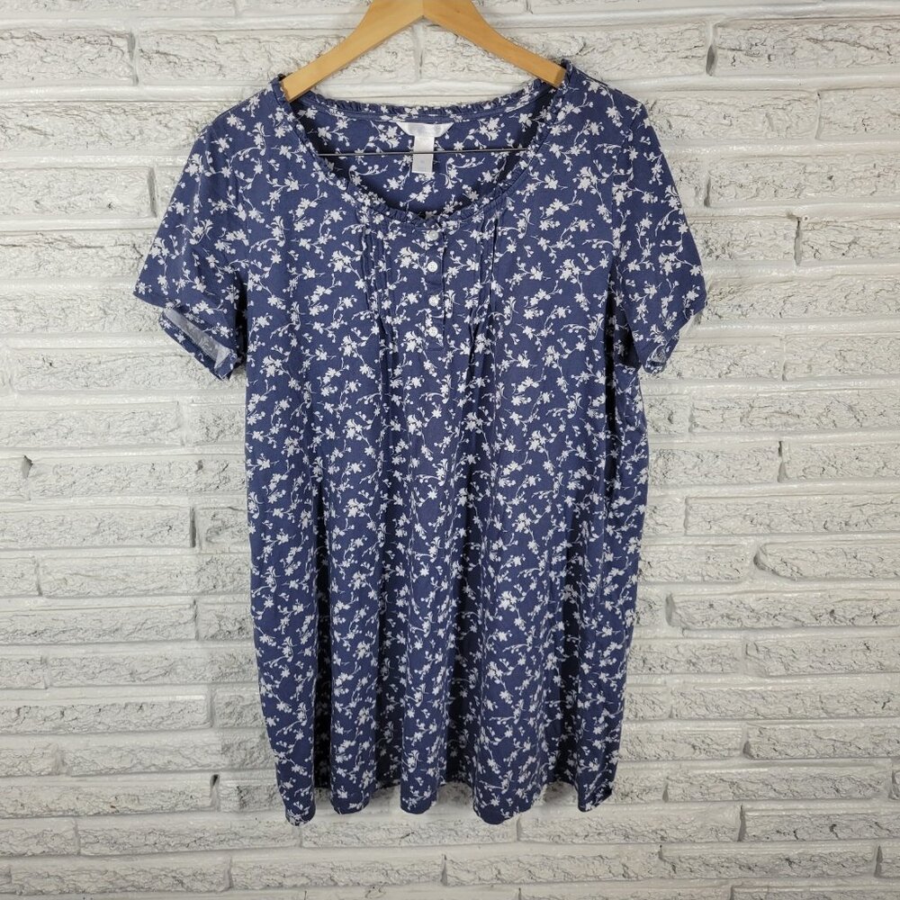 Adonna Womens Pajama Top Extra Large Blue‎ Floral Cotton Pintucked FLO134XE